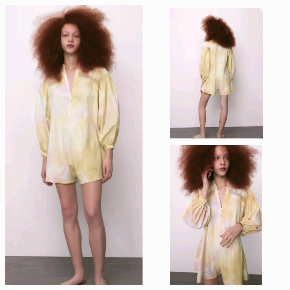 Zara Yellow Tie Dye Cotton long puff sleeve oversized Romper in size Small